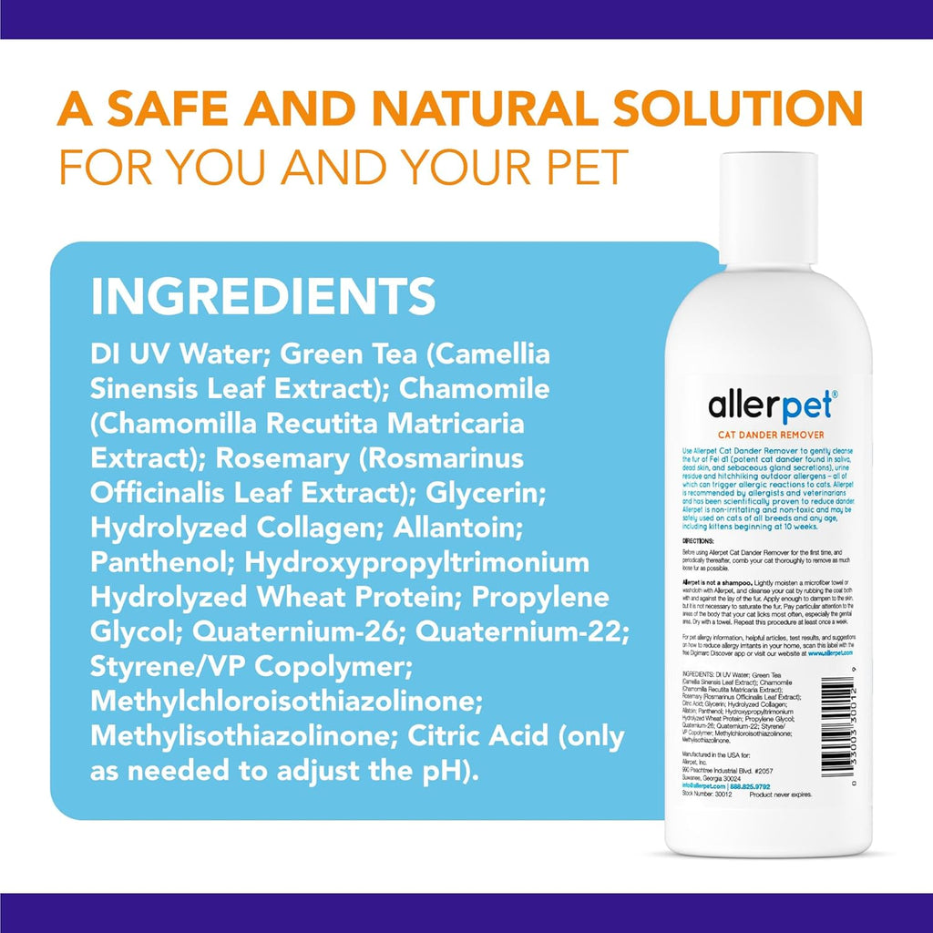 Allerpet Aloe Vera Free Cat Dander Remover - Pet Dander Allergy Relief, Natural & Safe Allergy Relief for Cats and Humans, Soothing Chamomile & Rosemary, Made in USA (12 oz)